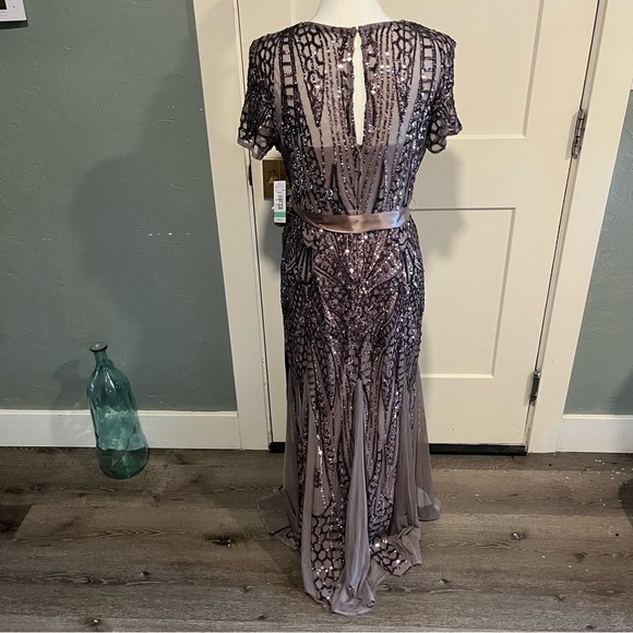 R&M Richards Mocha Short Sleeve Sequin and Mesh Gown 8 - Picture 5 of 16